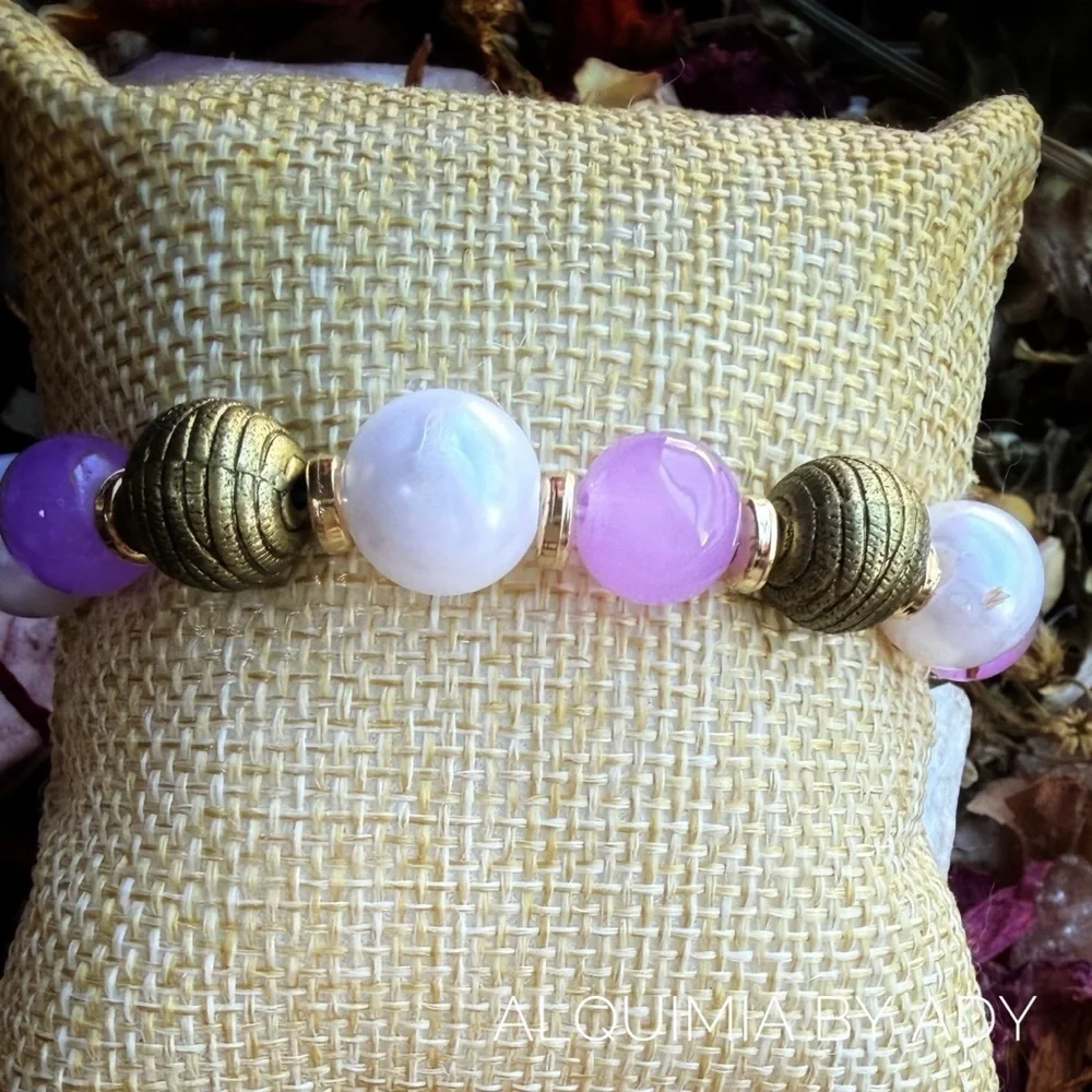 Purple Jade Bracelet • White & Cream Pearls • Gold Rustic Tone • Chunky 15mm